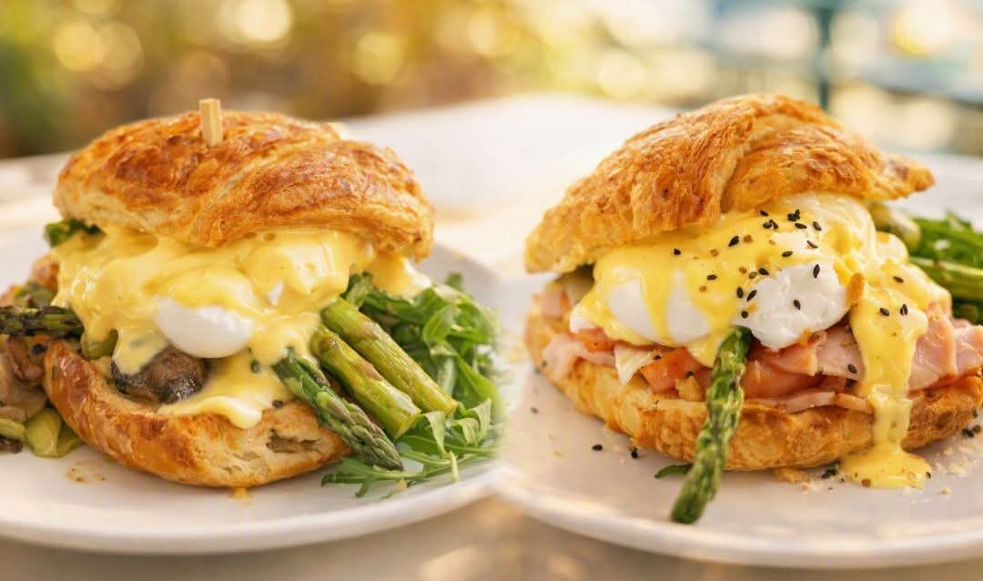 My Rainbow Café — croissant Benedicts with hollandaise and asparagus