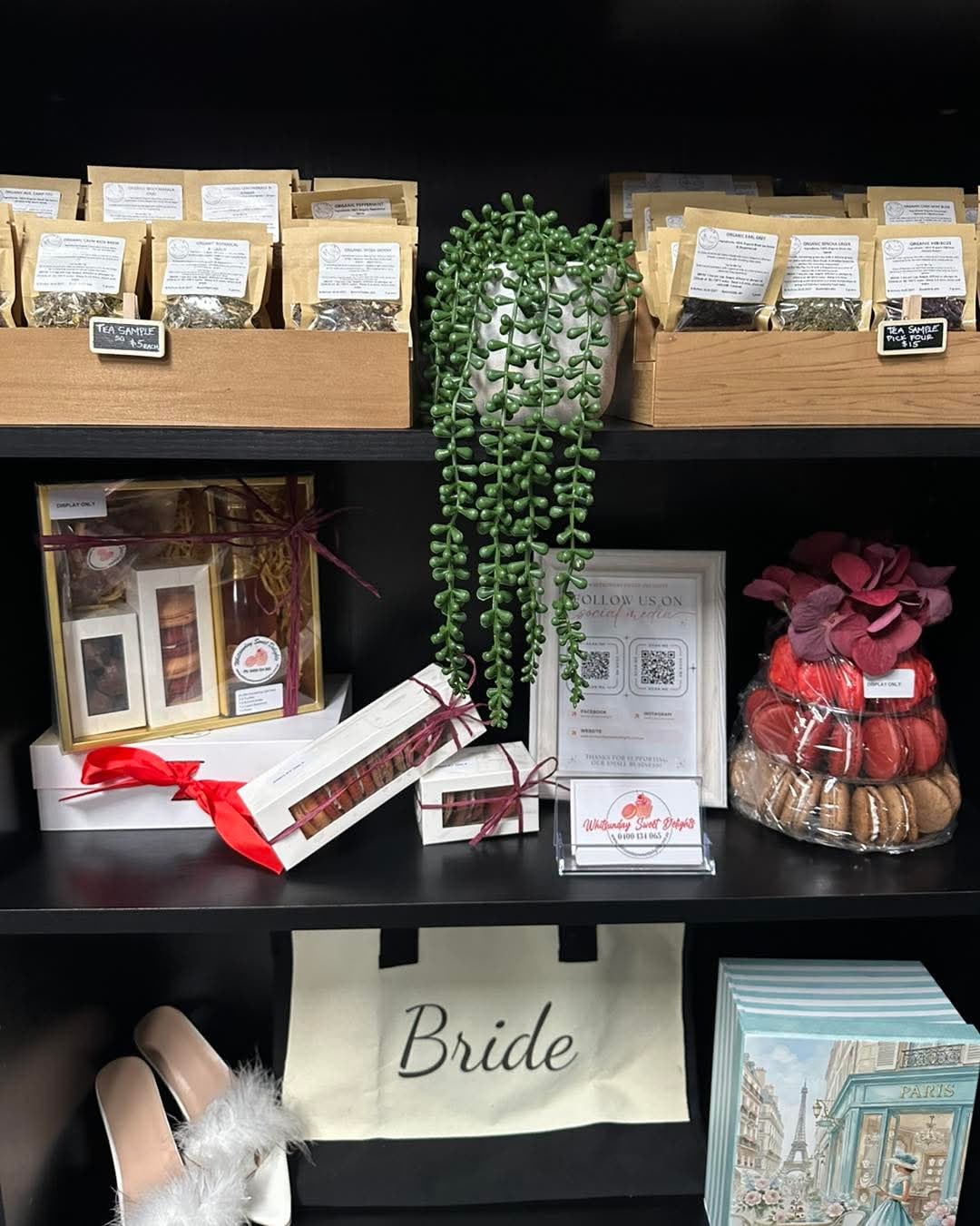 Whitsunday Sweet Delights store — macaron gift boxes, tea and sweet treats display Airlie Beach
